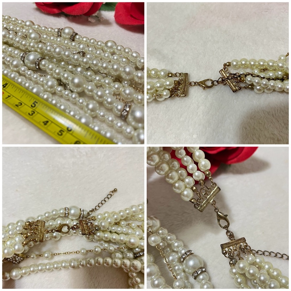 Vintage Multi-strand Layered Pearl & Crystals Statement Necklace W/Clover Charms - Picture 9 of 13